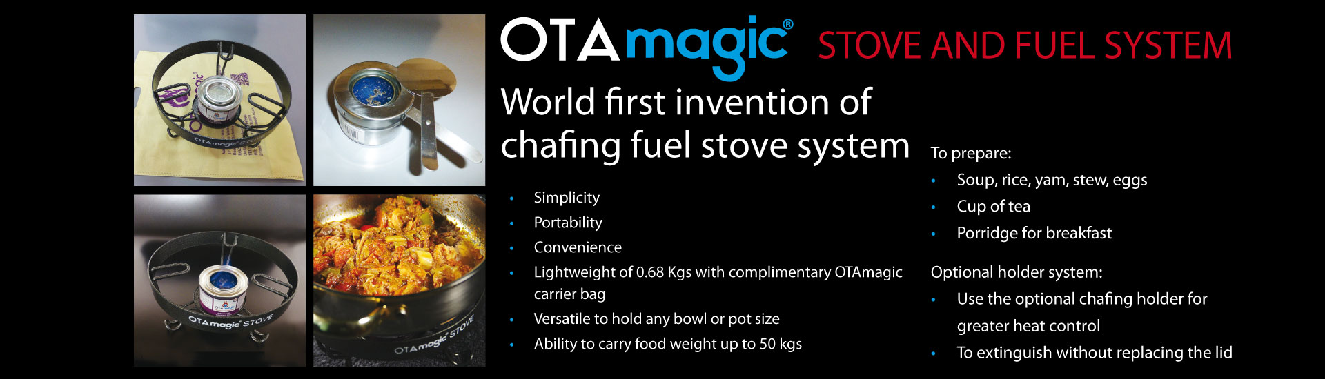 Chafing stove, fuel & holder